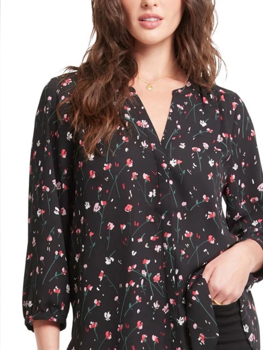 SOHO Black Floral Long-Sleeve Blouse with Pink and White Flowers Size Large